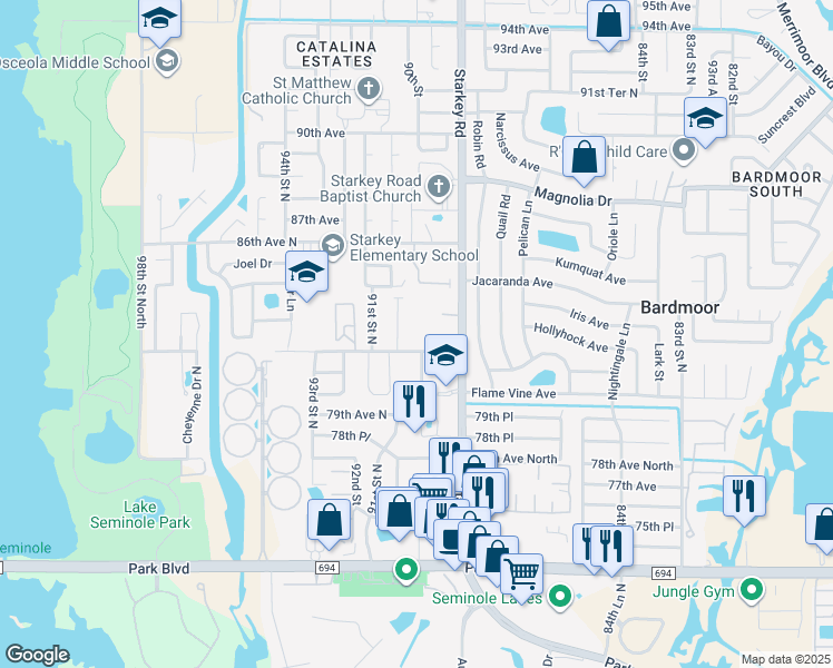 map of restaurants, bars, coffee shops, grocery stores, and more near 9001 82nd Avenue in Seminole
