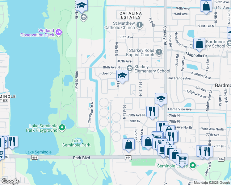 map of restaurants, bars, coffee shops, grocery stores, and more near 9454 Scott Drive in Seminole