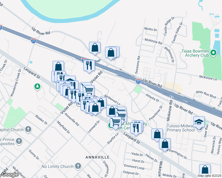 map of restaurants, bars, coffee shops, grocery stores, and more near 11114 Forest Hill Lane in Corpus Christi