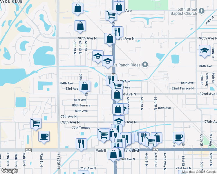 map of restaurants, bars, coffee shops, grocery stores, and more near 6638 83rd Ave N in Pinellas Park