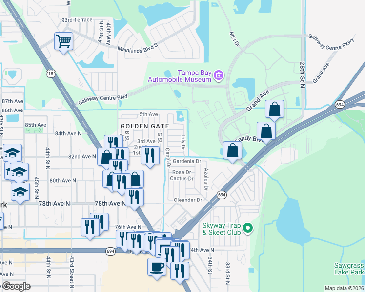 map of restaurants, bars, coffee shops, grocery stores, and more near 34299 Lily Drive in Pinellas Park