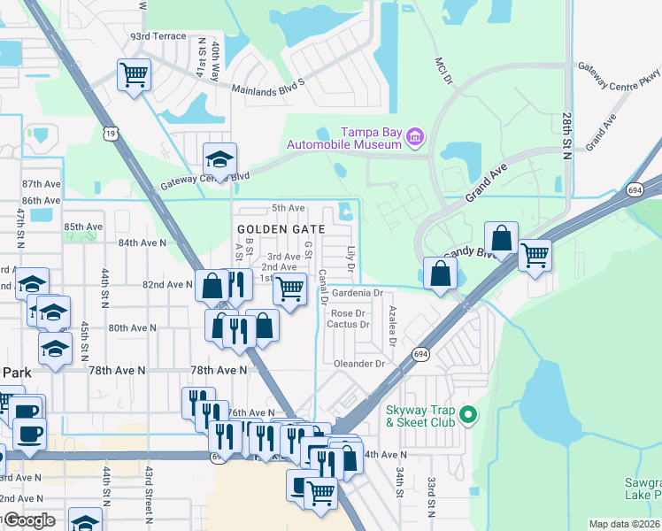 map of restaurants, bars, coffee shops, grocery stores, and more near 631 Palmetto Drive in Pinellas Park