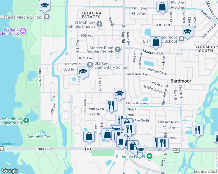 map of restaurants, bars, coffee shops, grocery stores, and more near 9001 82nd Avenue in Seminole