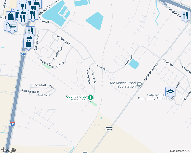 map of restaurants, bars, coffee shops, grocery stores, and more near 3606 Emory Drive in Corpus Christi