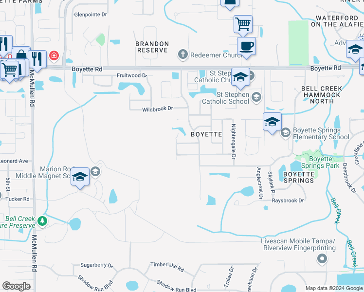 map of restaurants, bars, coffee shops, grocery stores, and more near 12303 Huckleberry Court in Riverview