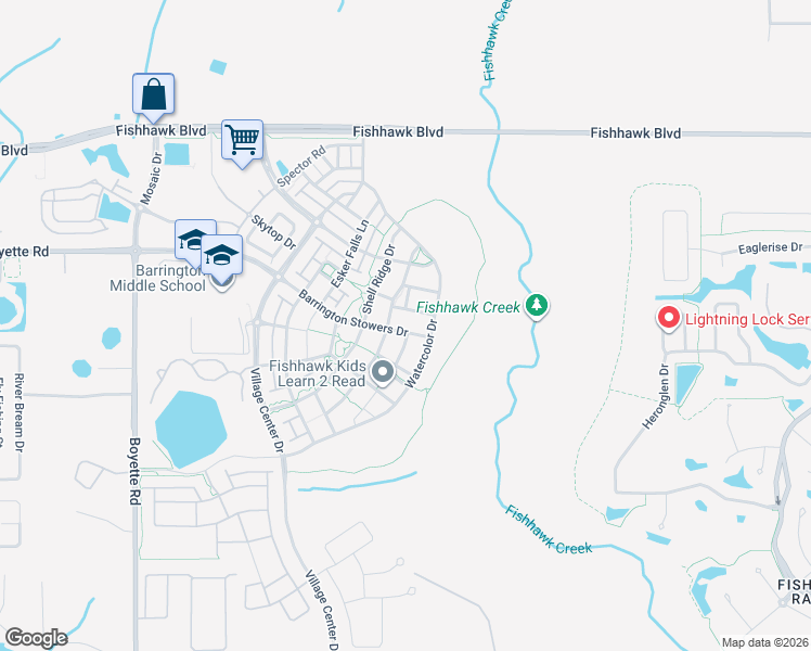map of restaurants, bars, coffee shops, grocery stores, and more near 14310 Barrington Stowers Drive in Lithia