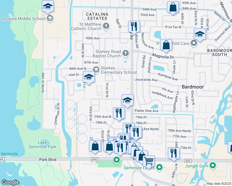 map of restaurants, bars, coffee shops, grocery stores, and more near 9001 82nd Avenue in Seminole