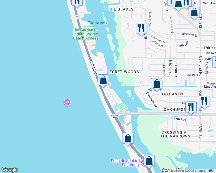 map of restaurants, bars, coffee shops, grocery stores, and more near 41 Vista Lane in Indian Shores