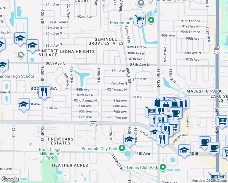 map of restaurants, bars, coffee shops, grocery stores, and more near 11714 82 Terrace North in Seminole