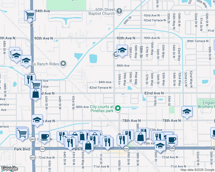map of restaurants, bars, coffee shops, grocery stores, and more near 6041 82nd Terrace North in Pinellas Park