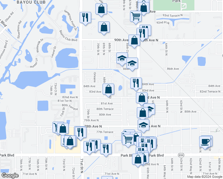 map of restaurants, bars, coffee shops, grocery stores, and more near 8310 Vendome Boulevard in Pinellas Park