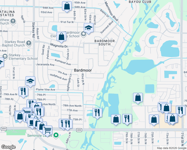 map of restaurants, bars, coffee shops, grocery stores, and more near 8178 83rd Avenue in Seminole