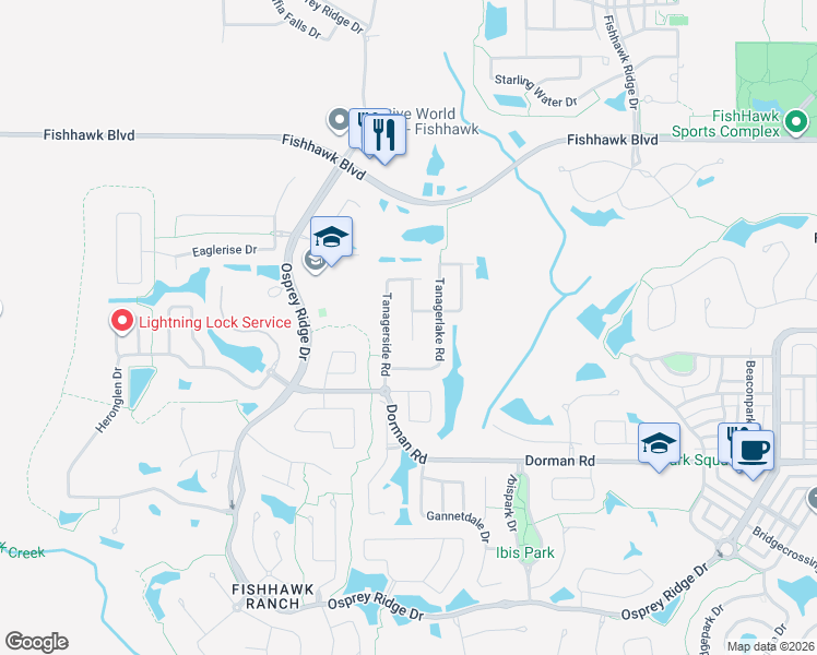 map of restaurants, bars, coffee shops, grocery stores, and more near 5615 Lark Meadow Place in Fish Hawk