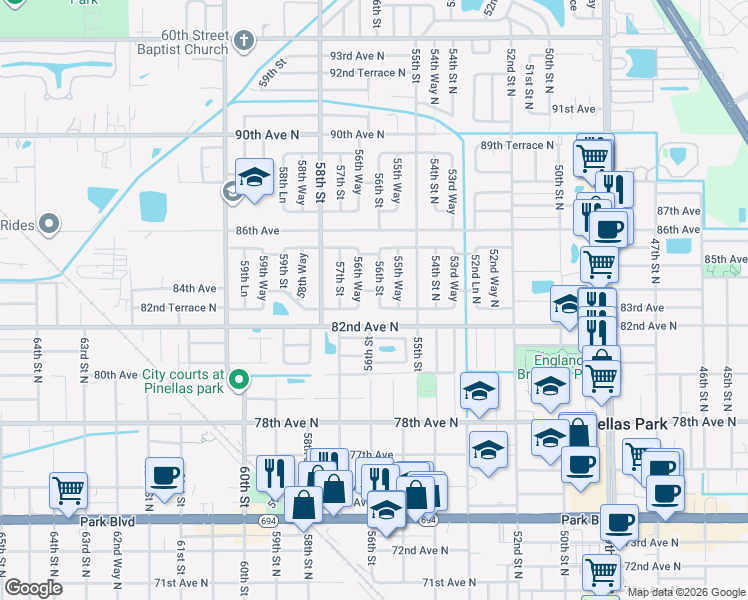 map of restaurants, bars, coffee shops, grocery stores, and more near 8300 56th Street in Pinellas Park