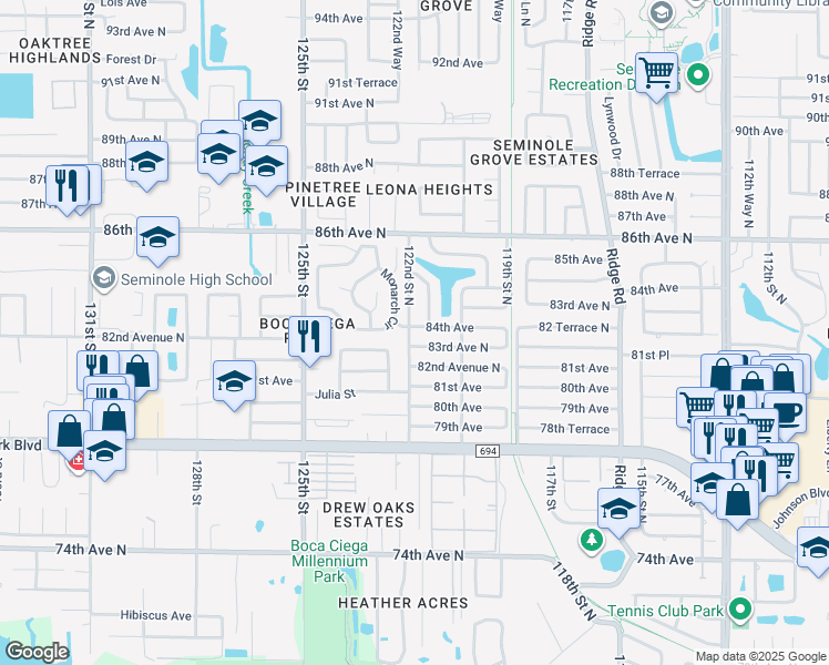 map of restaurants, bars, coffee shops, grocery stores, and more near 12196 84th Avenue in Seminole