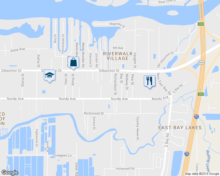 map of restaurants, bars, coffee shops, grocery stores, and more near 10411 Richardson Street in Gibsonton