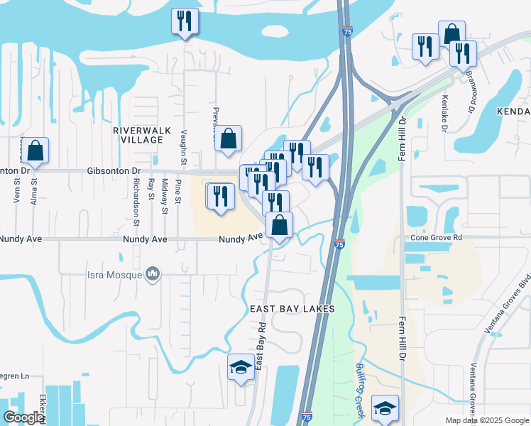 map of restaurants, bars, coffee shops, grocery stores, and more near 10670 New East Bay Road in Gibsonton