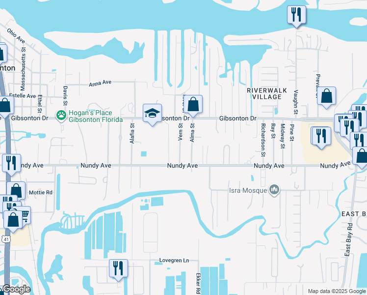 map of restaurants, bars, coffee shops, grocery stores, and more near 10406 Vern Street in Gibsonton