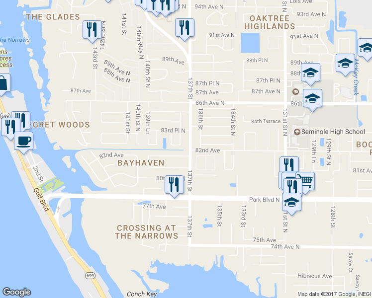 map of restaurants, bars, coffee shops, grocery stores, and more near 8218 Oakhurst Road in Seminole