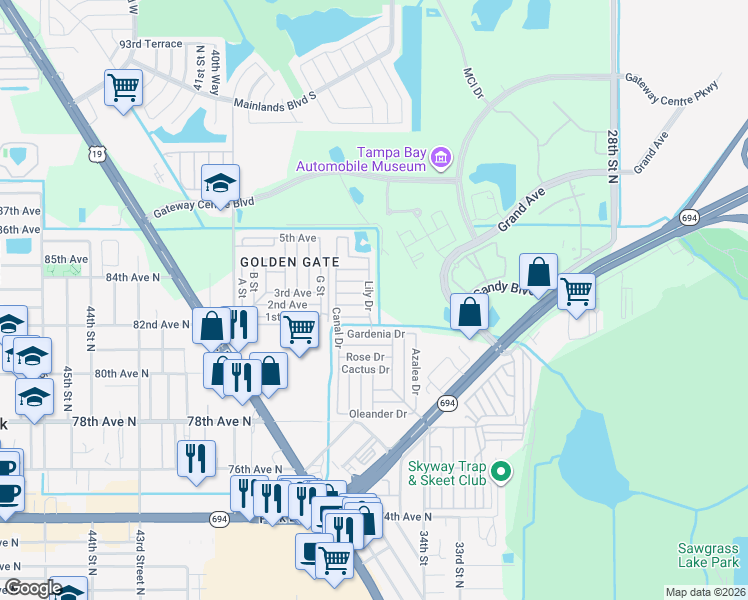 map of restaurants, bars, coffee shops, grocery stores, and more near 34299 Lily Drive in Pinellas Park