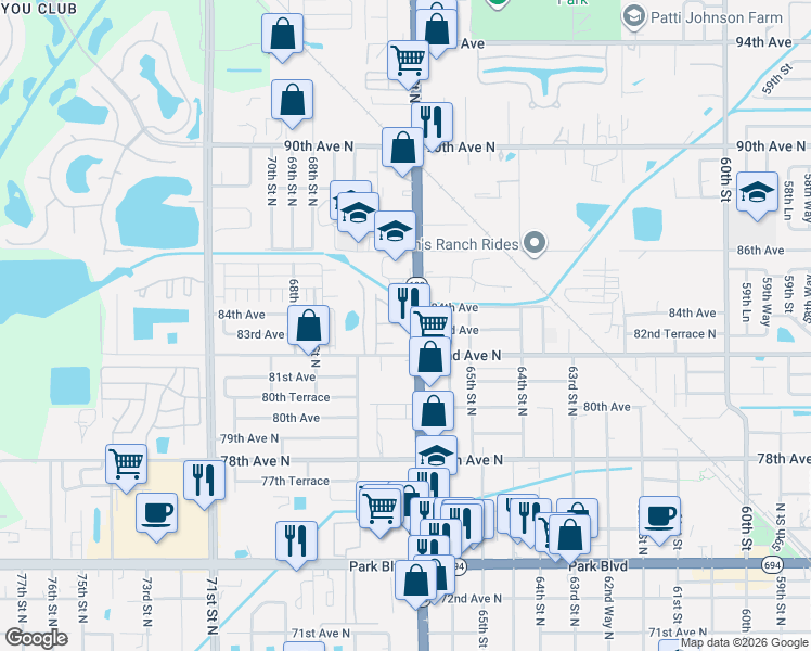 map of restaurants, bars, coffee shops, grocery stores, and more near 6638 83rd Avenue North in Pinellas Park