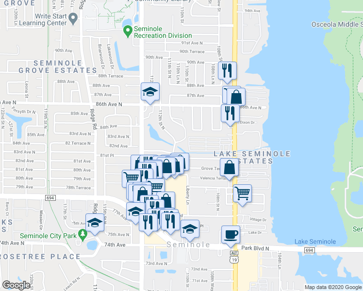 map of restaurants, bars, coffee shops, grocery stores, and more near 8220 112th Street North in Seminole