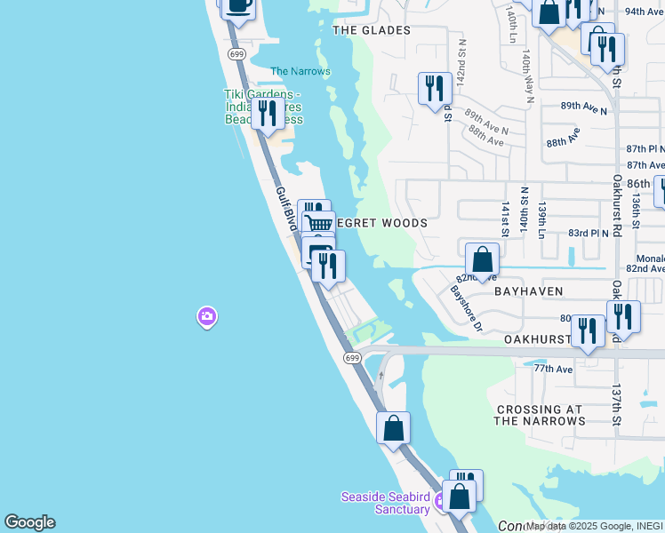map of restaurants, bars, coffee shops, grocery stores, and more near 41 Vista Lane in Indian Shores