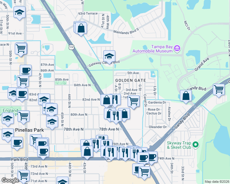 map of restaurants, bars, coffee shops, grocery stores, and more near 82006 A Street in Pinellas Park