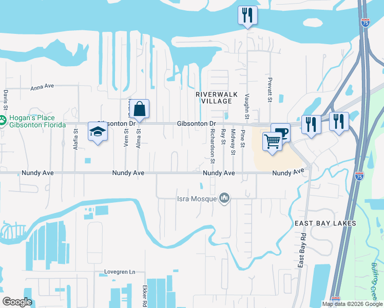 map of restaurants, bars, coffee shops, grocery stores, and more near 10411 Richardson Street in Gibsonton
