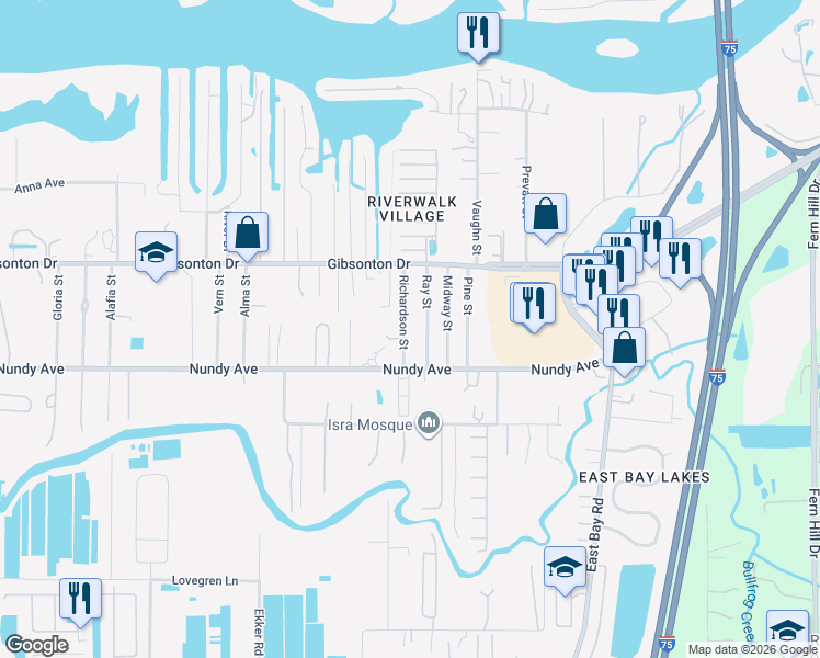 map of restaurants, bars, coffee shops, grocery stores, and more near 10406 Richardson Street in Gibsonton