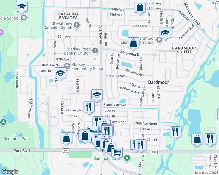 map of restaurants, bars, coffee shops, grocery stores, and more near 8260 Quail Rd in Seminole