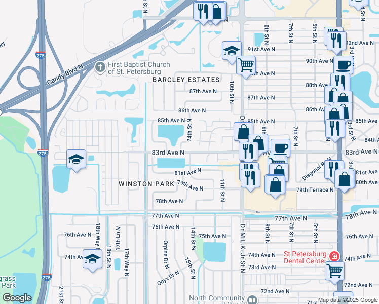 map of restaurants, bars, coffee shops, grocery stores, and more near 14th Street North in St. Petersburg