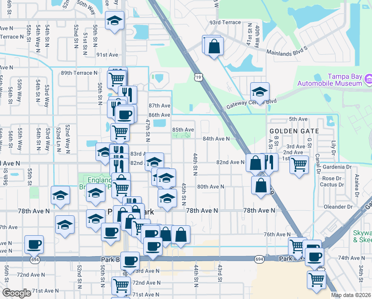 map of restaurants, bars, coffee shops, grocery stores, and more near 8301 45th Street North in Pinellas Park