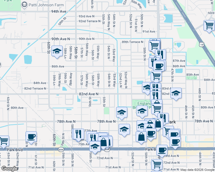 map of restaurants, bars, coffee shops, grocery stores, and more near 8300 54th Street North in Pinellas Park