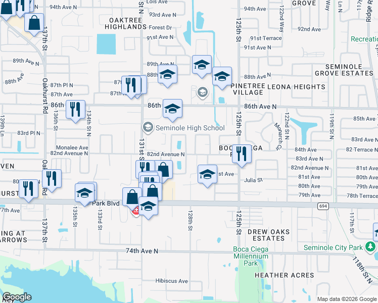 map of restaurants, bars, coffee shops, grocery stores, and more near 8213 129th Street North in Seminole