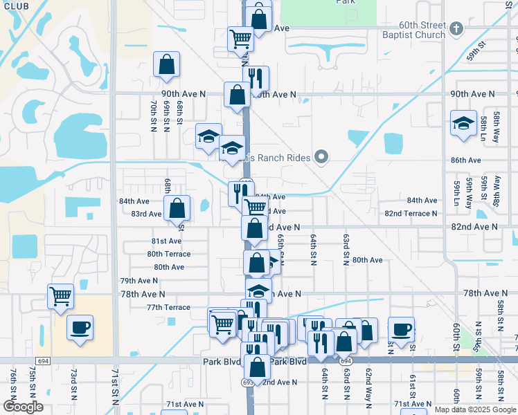 map of restaurants, bars, coffee shops, grocery stores, and more near 6551 83rd Avenue in Pinellas Park