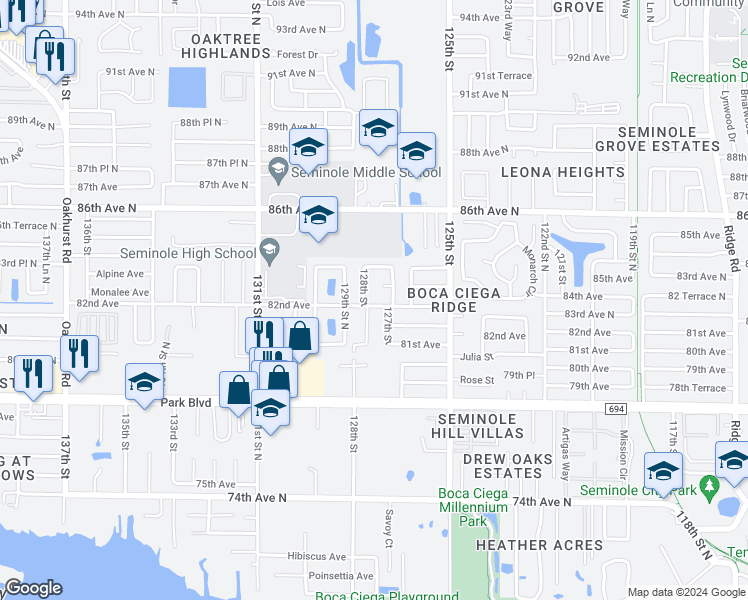 map of restaurants, bars, coffee shops, grocery stores, and more near 12725 82nd Avenue in Seminole