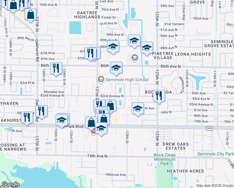 map of restaurants, bars, coffee shops, grocery stores, and more near 12931 82nd Avenue North in Seminole