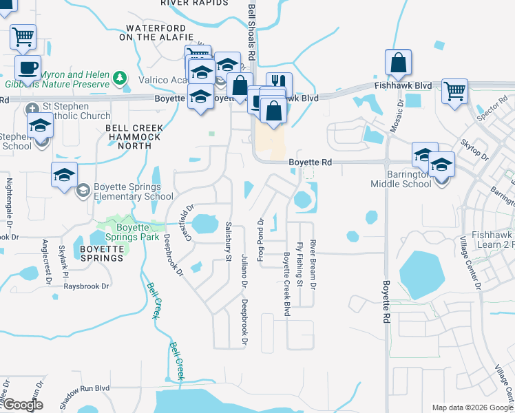 map of restaurants, bars, coffee shops, grocery stores, and more near 13411 Copper Head Dr in Riverview