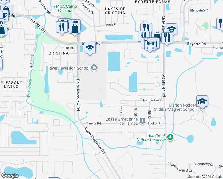 map of restaurants, bars, coffee shops, grocery stores, and more near 11509 Cedar Valley Drive in Riverview