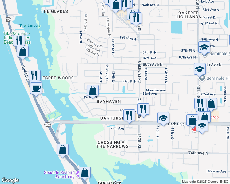 map of restaurants, bars, coffee shops, grocery stores, and more near 13946 82nd Terrace North in Seminole