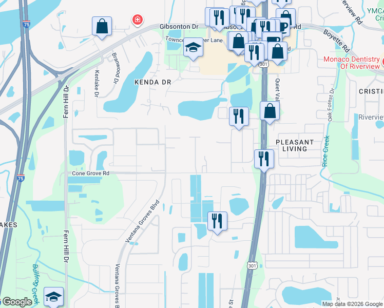 map of restaurants, bars, coffee shops, grocery stores, and more near 10614 Sweet Sapling Street in Riverview