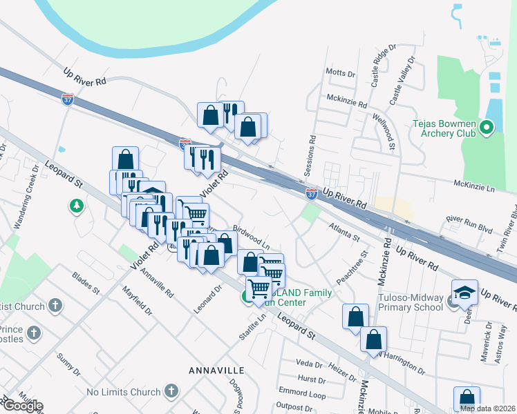map of restaurants, bars, coffee shops, grocery stores, and more near 11114 Forest Hill Lane in Corpus Christi