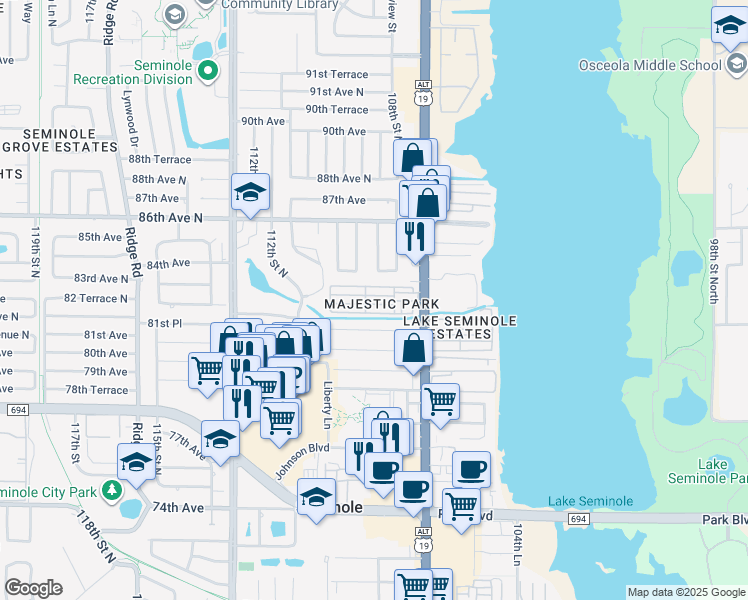 map of restaurants, bars, coffee shops, grocery stores, and more near 8300 Seminole Boulevard in Seminole