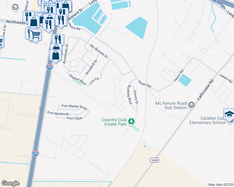 map of restaurants, bars, coffee shops, grocery stores, and more near 3647 Perry Lane in Corpus Christi
