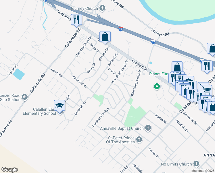 map of restaurants, bars, coffee shops, grocery stores, and more near 4129 Woodland Creek Drive in Corpus Christi
