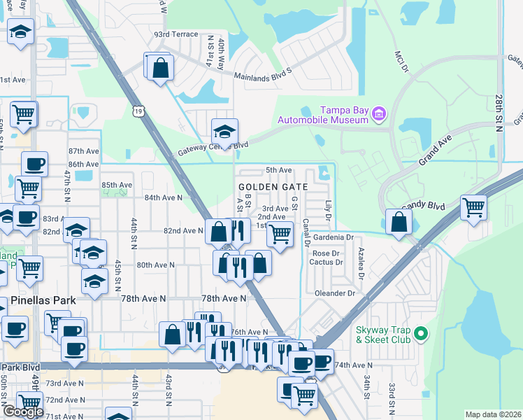 map of restaurants, bars, coffee shops, grocery stores, and more near 82257 3rd Avenue in Pinellas Park