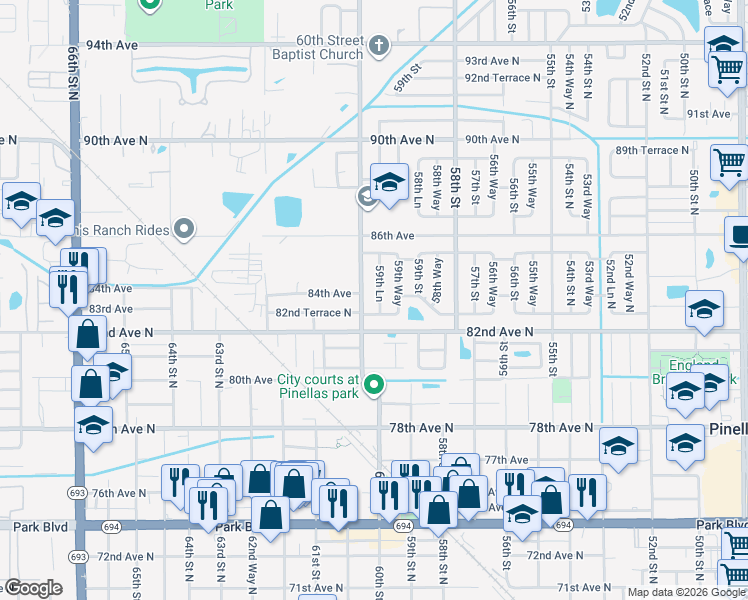 map of restaurants, bars, coffee shops, grocery stores, and more near 8300 59th Lane in Pinellas Park