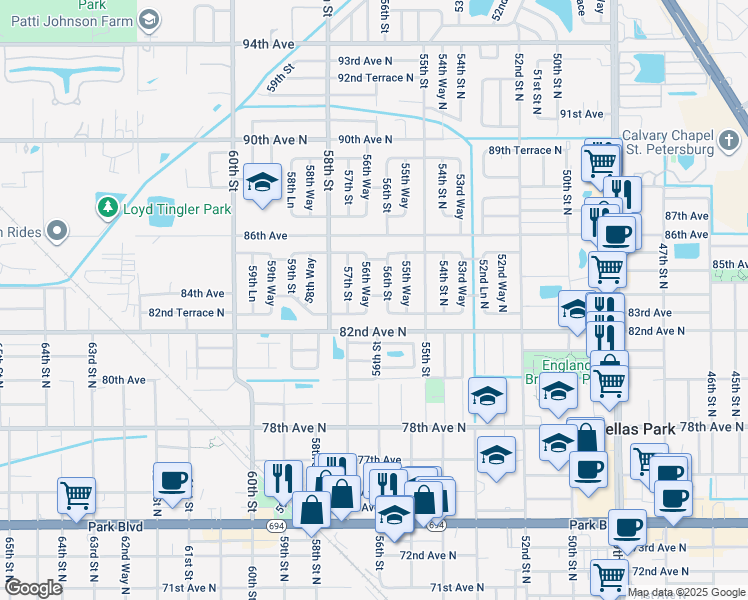 map of restaurants, bars, coffee shops, grocery stores, and more near 8300 56th Street in Pinellas Park