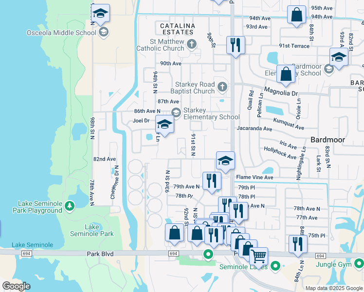 map of restaurants, bars, coffee shops, grocery stores, and more near 9225 82nd Avenue in Seminole